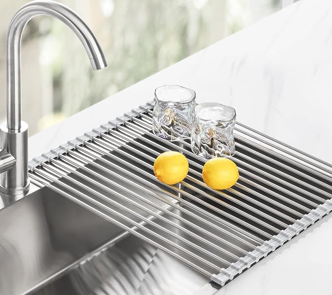 Tomorotec Roll Up Dish Drying Rack Over Sink, 304 Steel, 17.7x15.5, Marble | Anti-Slip Silicone Rims For Grip, Heat-Resistant Trivet Mat Holding Heavy Cookware, Rustproof Kitchen Counter Space Saver