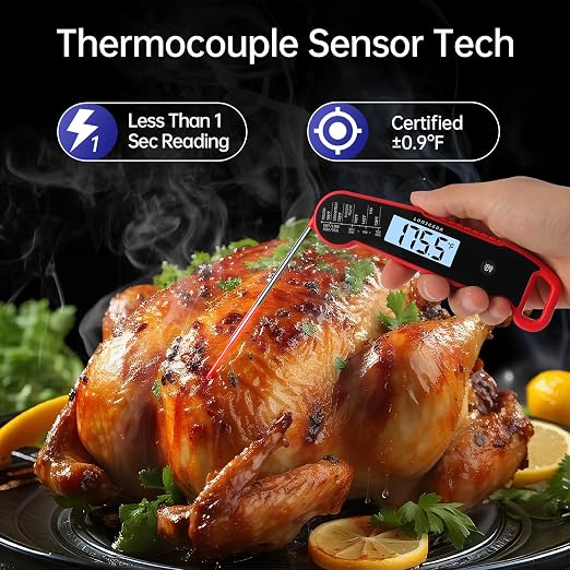 Lonicera Instant-Read Meat Thermometer, 1-Second, IP67 Waterproof, Red | Thermocouple sensor delivers readings in 1 second with ±0.9°F accuracy, plus IP67 waterproofing, auto-rotate and wake