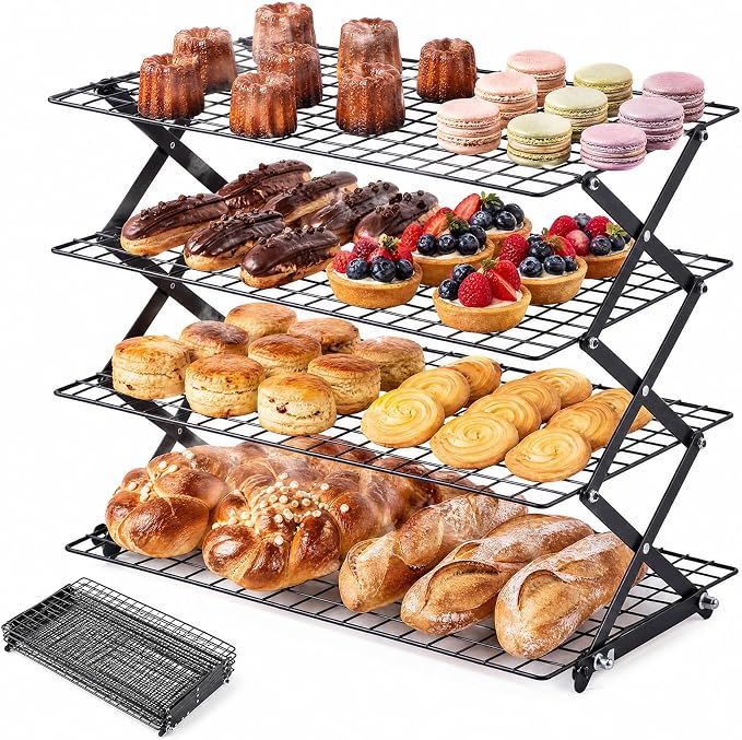 4-Tier Collapsible Cooling Rack for Baking, 3-Setting Adjustable Stackable Cookie Rack, Durable Nonstick Space-Saving Stand for Cooking, Roasting, Drying, Grilling, Cottage Bakery | Collapsible & Stackable