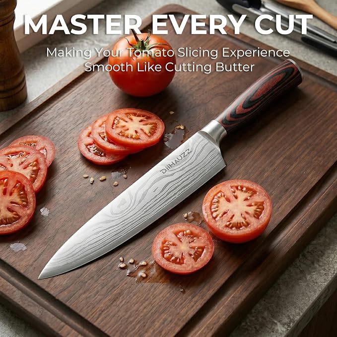 DiiHAUZZ 8 Inch Chef Knife, High Carbon Stainless Steel Kitchen Knife | Ultra Sharp 12-15° Edge, Ergonomic Handle, No Crack No Shrink Pakkawood, Great Edge Retention, 59HRC, Sheath & Gift Box