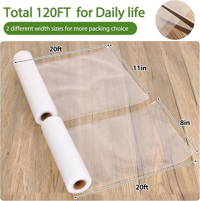 Vacuum Sealer Bags for Food Storage, 6 Rolls 8" & 11" x 20', Cut-to-Size | 3Mil Embossed BPA-Free Puncture-Resistant Rolls, Universal Fit for Sous Vide, Meal Prep, Freezer Storage & Food Preservation