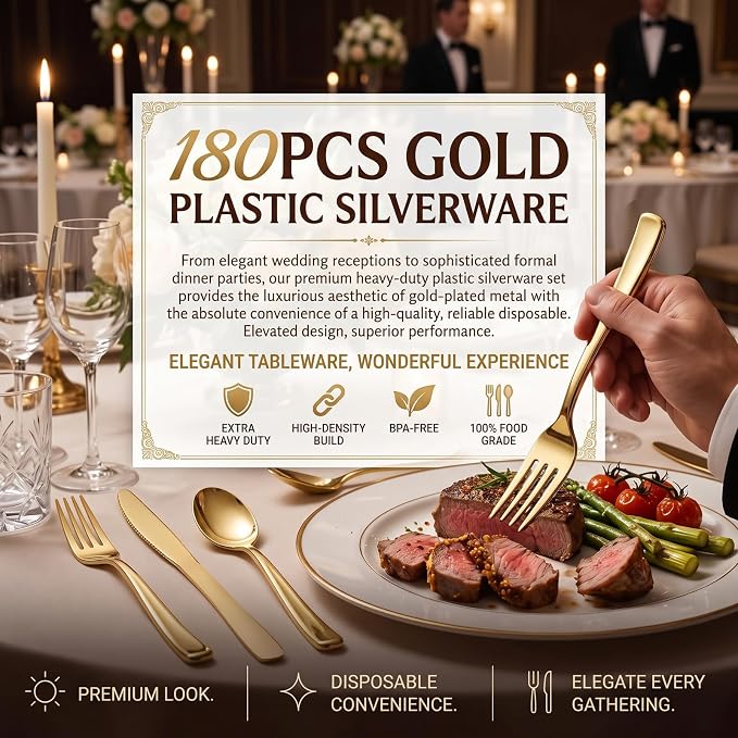180 Count Gold Plastic Silverware Set - Heavy Duty Disposable Cutlery (60 Forks, 60 Knives, 60 Spoons) - BPA-Free Gold Flatware for Wedding, Party, Baby Shower, Thanksgiving