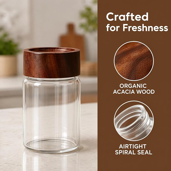 6‑Pack Small 4 Fl Oz (118 ml) Glass Jars w/Wood Lids & Spoons | Built‑in PP insert & silicone seal; airtight for oats, yogurt, spices, chia pudding & pantry