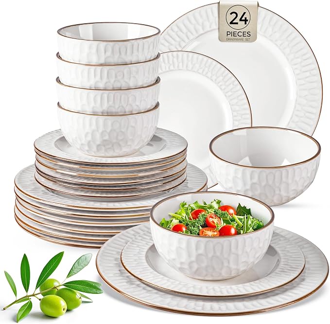 GBHOME Ceramic Dinnerware Sets of 8,24 pcs Plates and Bowls Sets Dishes | Embossed Elegant Stoneware Dishes Set | Dishwasher & Microwave Safe | Service for 4