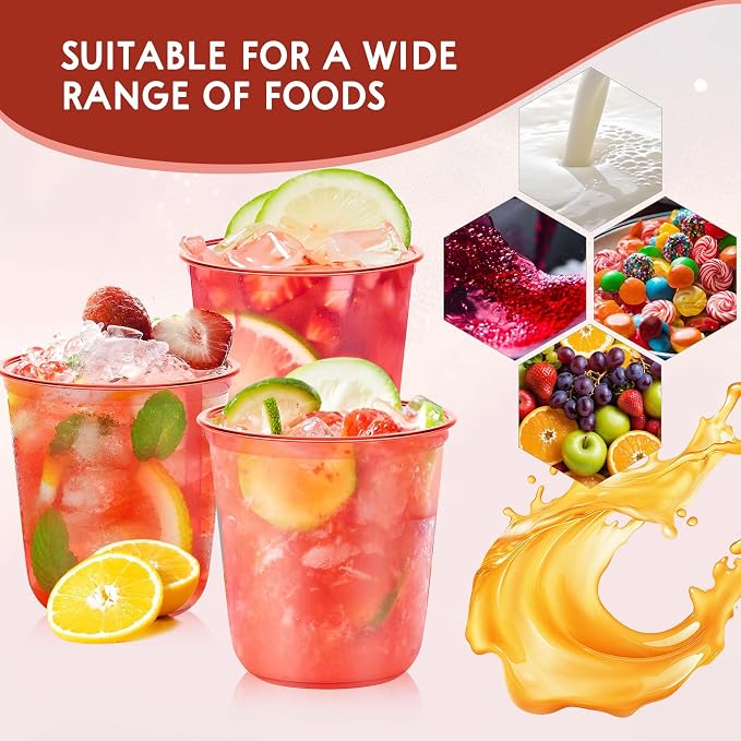 KesaPlan 100Pcs 12oz Red Plastic Party Cups, Disposable Wine Cocktail Cups | Cute Clear Stemless Glass, Round Bottom PET Cold Drink Cups for Christmas Valentine's Mother's Day Birthday Wedding Party