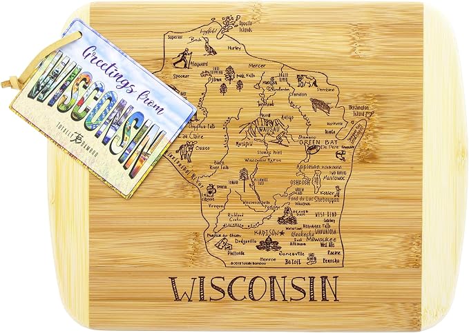Totally Bamboo A Slice of Life Wisconsin Engraved Map Cutting Board | 11” x 8.75” charcuterie board with engraved state map artwork. Smooth reverse side for food prep. Hang tie for wall display.
