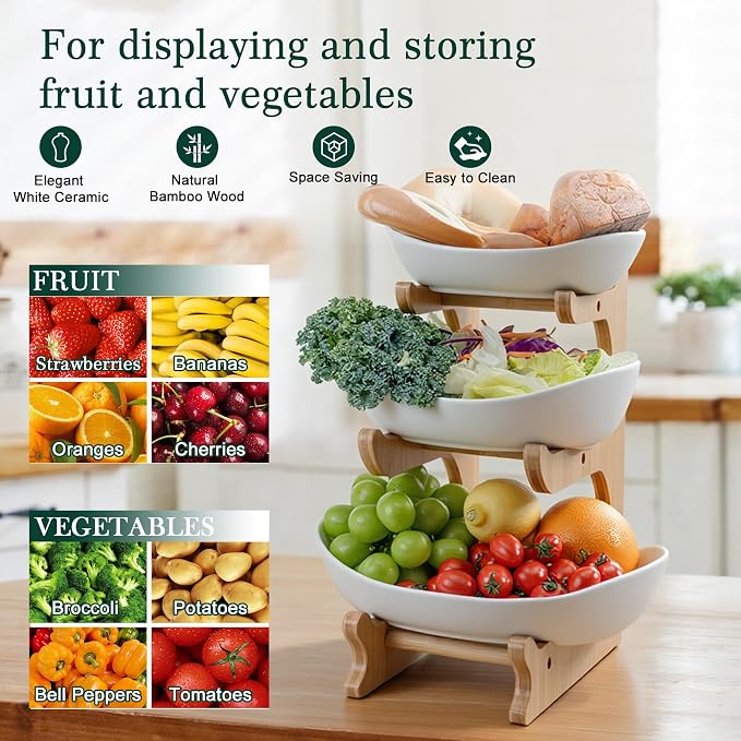 SEVEN SPARTA Fruit Bowl for Kitchen Counter - 3 Tier Ceramic Serving Bowls with Bamboo Stand, Tiered Fruit Basket for Fruit Vegetable Storage, Cake, Dessert, Nuts, Snack, Salad (Dishwasher safe)