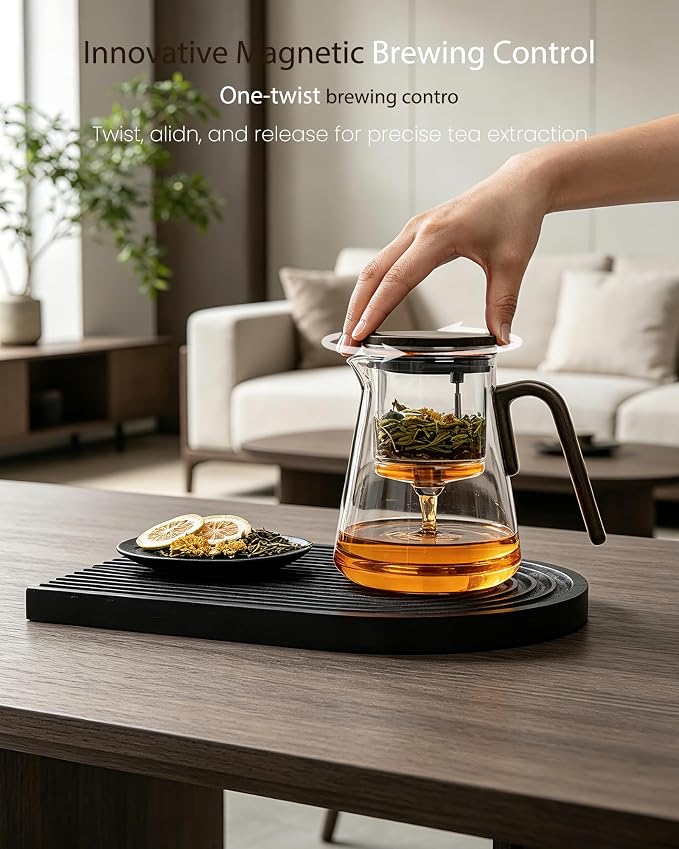 ZENS Echanted Teapot with Infuser for Loose Tea, 27oz Magnetic Teapot | Magic Glasss Teapot with infuser, Mess -Free Japanese Style Teapot for Herbal Tea Lovers, Black Walnut Pattern