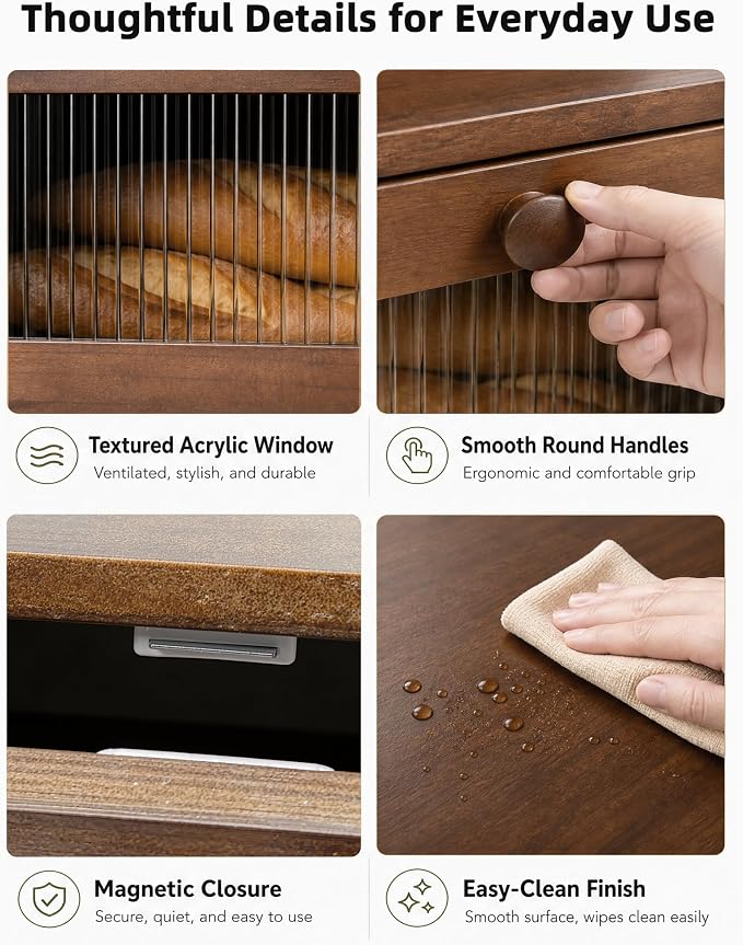 Wooden Bread Storage Box with Acrylic Viewing Window, Double-Layered Large-Capacity for Kitchen Countertops, Cutlery Storage Box, Light Natual wood color