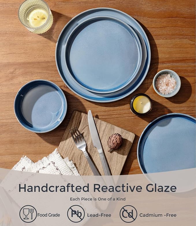 GBHOME Stoneware Dinnerware Sets for 4, 12-Piece Plates and Bowls Set | Handmade Reactive Glaze Ceramic Dish Set, Scratch Resistant, Dishwasher&Microwave Safe,Alaskan Blue