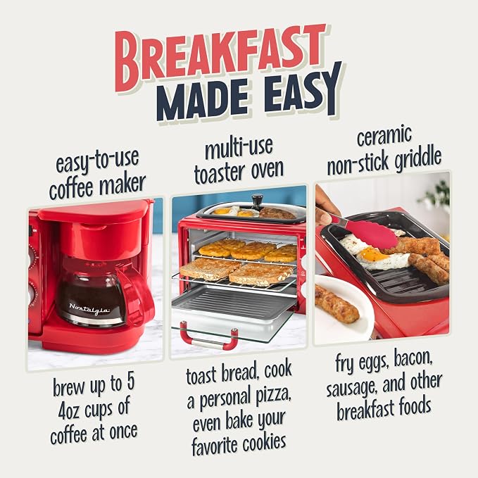 Nostalgia 3-in-1 Retro Breakfast Station - Includes 5 (4 Oz) Cup Coffee Maker, Non-Stick Ceramic Griddle, and 4-Slice Toaster Oven - Built-In Timer, Reusable Coffee Filter, Space-Saving Design - Red