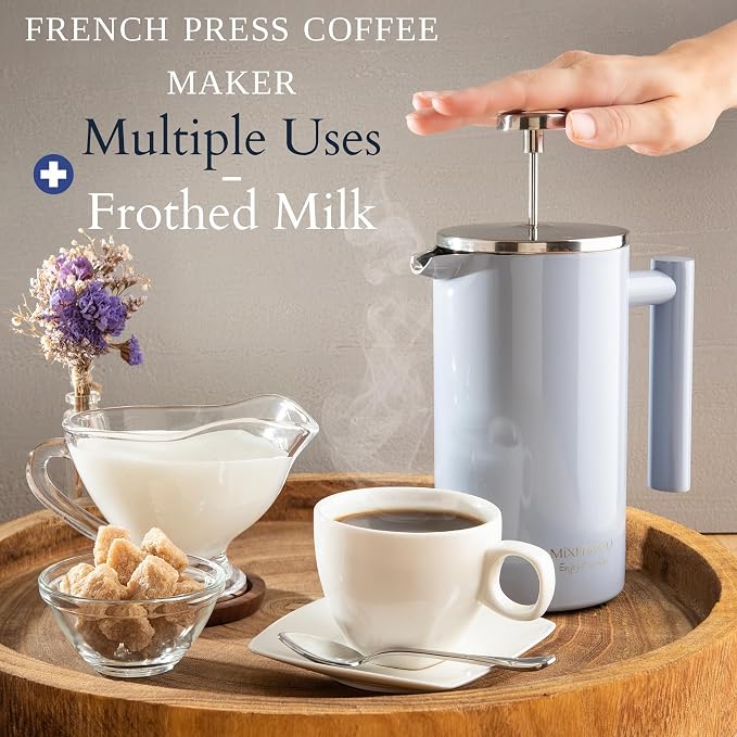 Mixpresso French Press Coffee Maker, 26 Oz Stainless Steel Coffee Press | Double wall insulated stainless steel French Press with durable filter for coffee or loose leaf tea, easy to press and clean