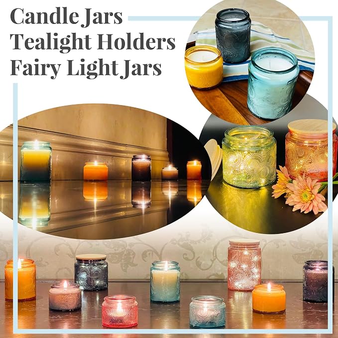 4 oz Decorative Small Glass Jars with Airtight Bamboo Lids, 6 Color 24 Pack | Vintage embossed color coated containers, kitchen pantry bathroom organization & decor, spices, DIY gifts, candle making