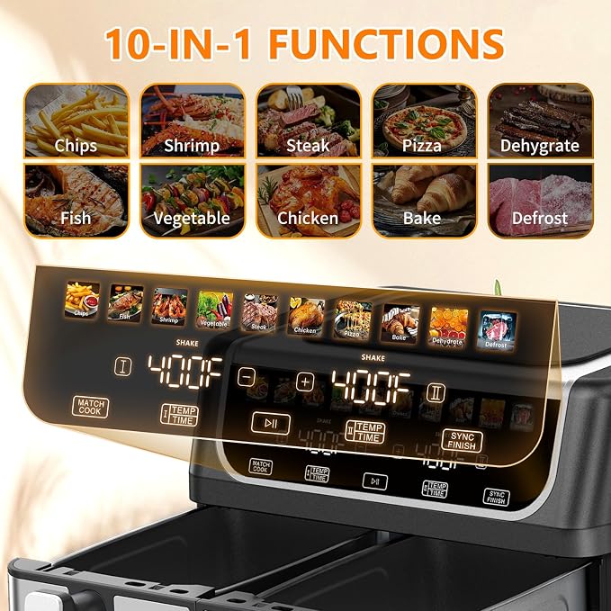 DUMOS 9.5 Quart Dual Basket Air Fryer, 10-in-1 Large Airfryer with Ceramic Crisper Plate, Sync Finish & Match Cook, Shake Reminder, Wide Temperature 80-450°F, Roast Bake Defrost Dehydrate, Black
