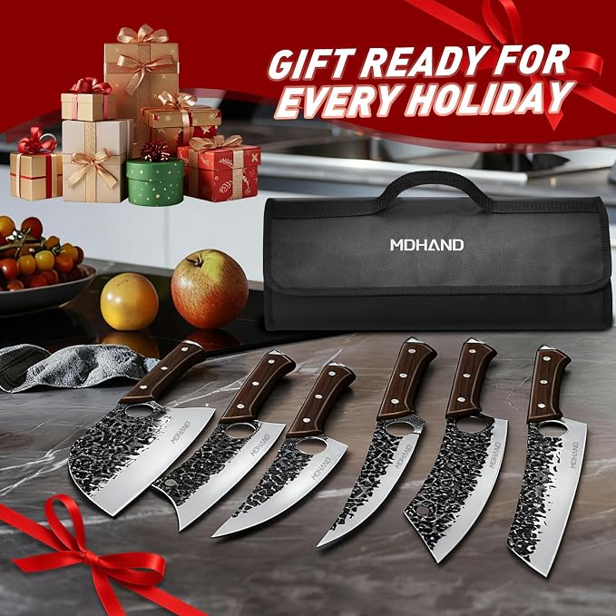 Butcher Knife Set, Serbian Chef Knife Set with Roll Bag Gift for Men | Hand Forged Full Tang 18PCS Kitchen Knife Set, Ebony Handle, High Carbon Steel Meat Cleaver for Brisket Trimming, Camping BBQ