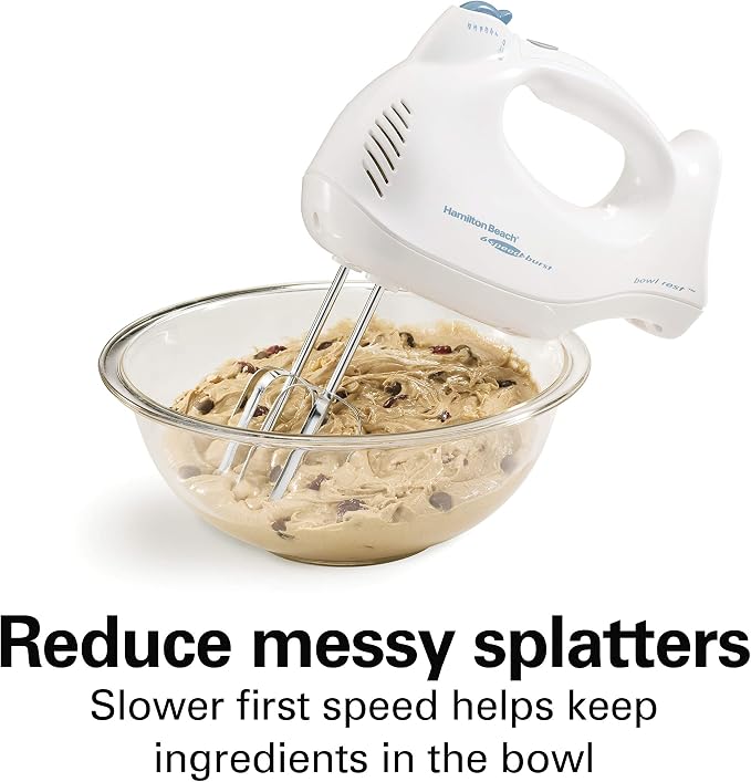 Hamilton Beach Power Deluxe 6-Speed Electric Hand Mixer With QuickBurst | Powerful 250 Watt Motor | Traditional Beaters | Whisk | Snap-On Storage Case | Bowl Rest | White | 62695V