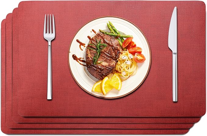 Maxpearl Faux Leather Placemats Set of 4, Easy to Clean, Retro Red | Waterproof - Heat Resistant - Non Slip - Wipe Clean Dining Table Place Mats, Suitable for Indoor & Outdoor Use, 17''×12''