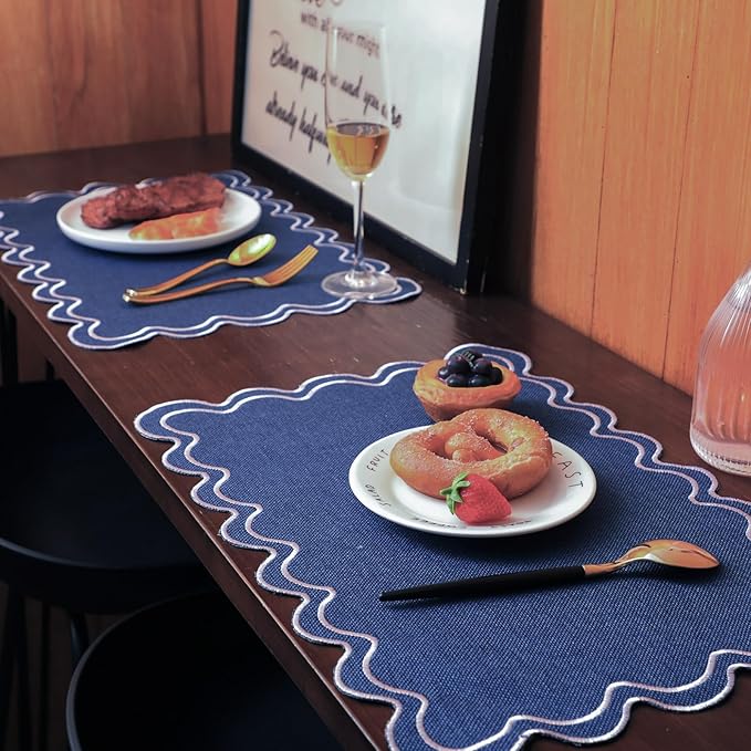 HunnmingRe Navy Blue with White Set of 6 Cotton Linen Wedding Placemats, 13x19 Inch Scalloped Wavy Embroidery Placemat Double Layered Washable Rustic Rectangle Dinner Table Mat for Home Decor