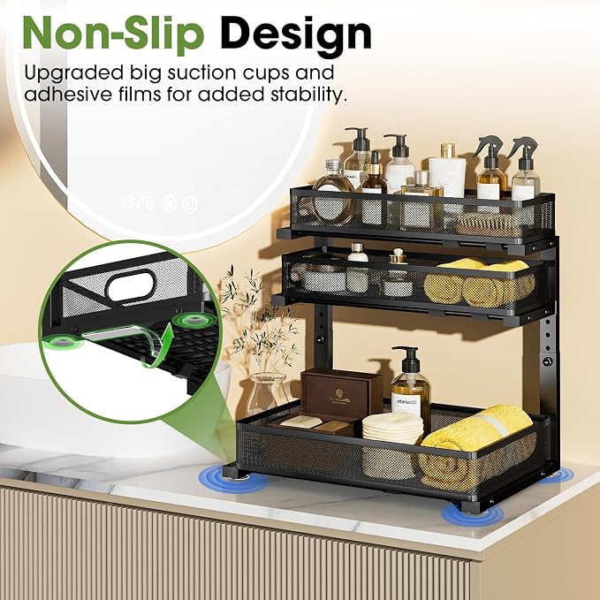Under Sink Organizer 3 Tier, 4 Pack L-Shaped Pull-Out Cabinet Organizer with Sliding Metal Mesh Drawers, Height Adjustable Under Sink Storage Rack for Kitchen Bathroom Cabinet, Black