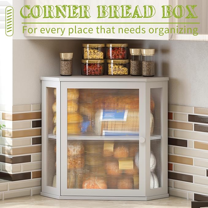 BMOSU Corner Bread Box for Kitchen Countertop Double Layer Bamboo Wooden Bread box Large Capacity Bread Storage Bin(White, Extra Large)