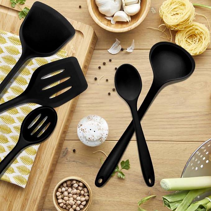E-far 10 Pieces Silicone Cooking Utensils Set, Heat Resistant Kitchen Utensil Set for Nonstick Cookware, Kitchen Cooking Tools with Spatula, Spoon, Slotted Turner, Non-Toxic & Dishwasher Safe (Black)