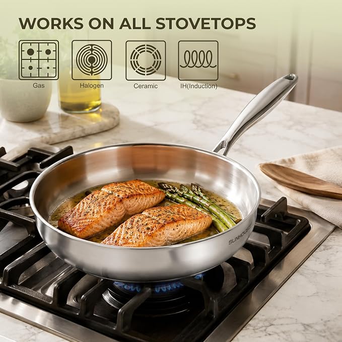 Sunhouse 4QT Stainless Steel Deep Sauté Frying Pan with Lid 11 Inch Skillet | Tri-Ply 18/10 Stainless Steel Deep Saute Pan, Dishwasher & Oven Safe up to 900°F, Induction Compatible with All Cooktops