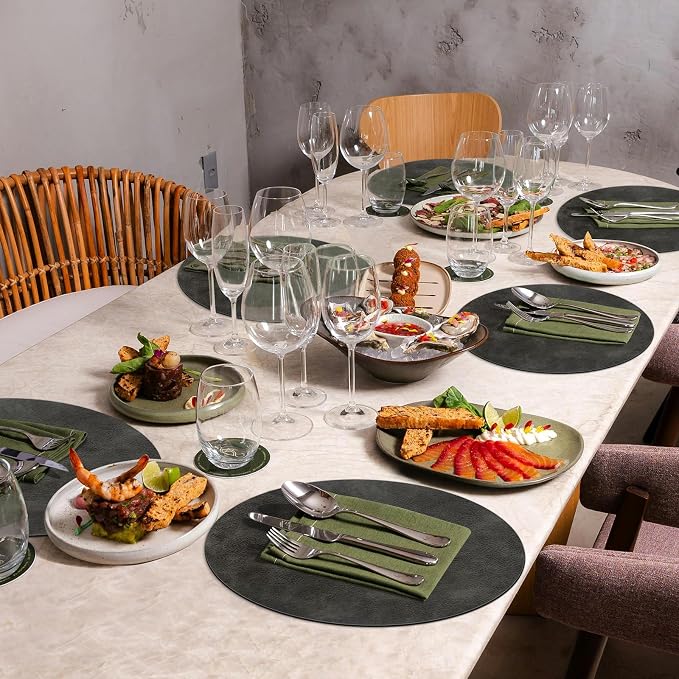ADRIMER Placemats, Heat Resistant Round Placemats Set of 12 Washable, Waterproof Table Mats, Wipeable Faux Leather Place Mats for Kitchen, Dining Room, Dark Grey