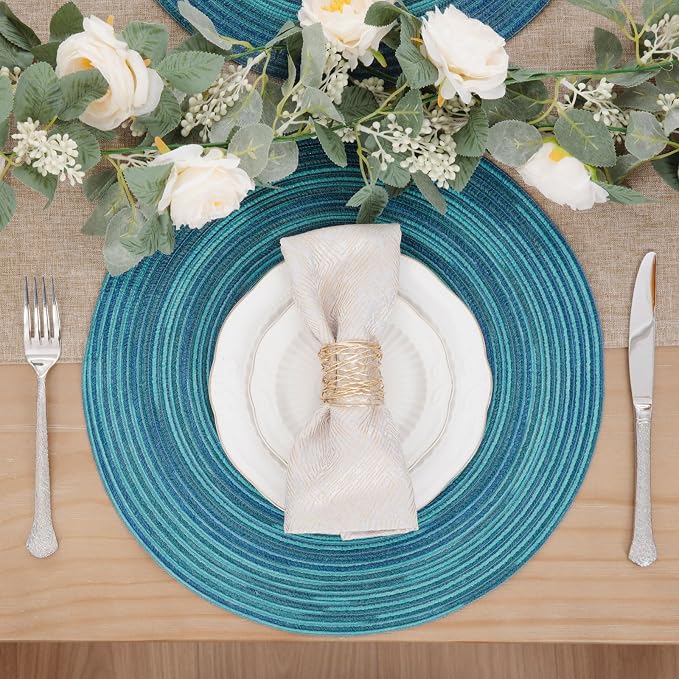 SHACOS 15 inch Round Placemats Set of 4 Variegated Multicolor Place Mats Cotton Polyester Braided Non Slip Washable Heat Resistant Table Mats for Home Wedding Dinner Party Table Decor, Rainbow Teal