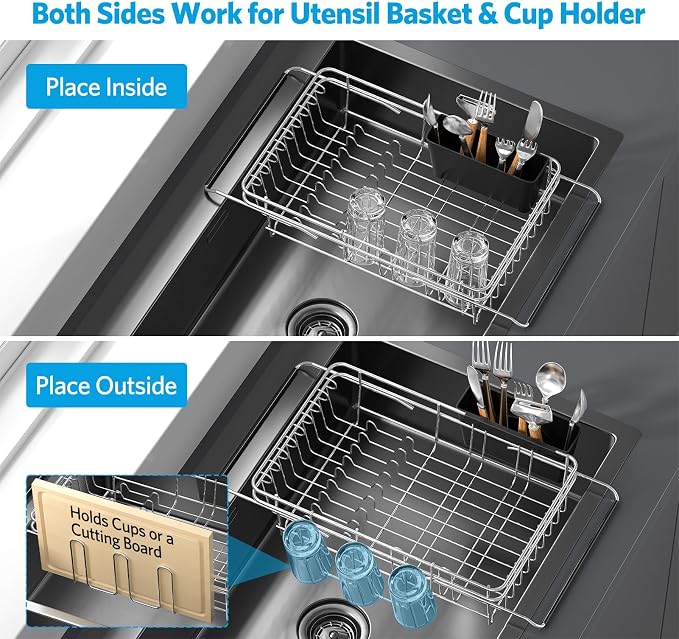 Delamu Over The Sink Dish Drying Rack for Small Kitchen | Expandable Stainless Steel Dish Rack in Sink, Dish Drainers for Kitchen Sink with Cup & Utensil Holder, Rustproof, Small