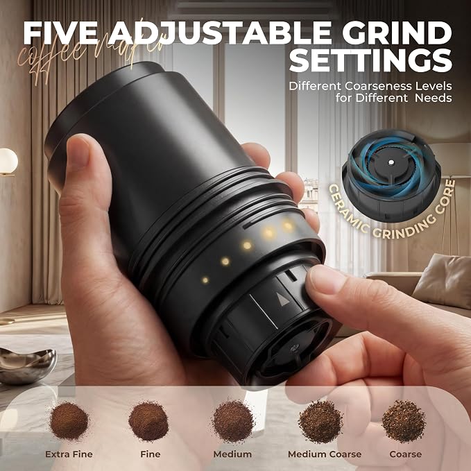 HAUSHOF Camping Coffee Maker, Coffee Grinder for Travel | 15 Cups per Charge;Portable Storage Bag;5 Grind Settings;USB-C Charging