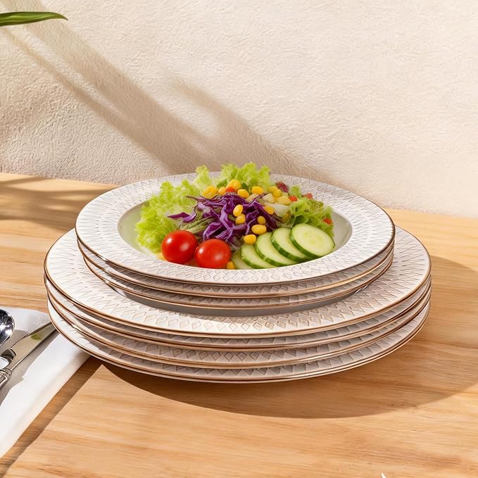 GBHOME Ceramic Dinnerware Sets of 8,24 pcs Plates and Bowls Sets Dishes | Embossed Elegant Stoneware Dishes Set | Dishwasher & Microwave Safe | Service for 4