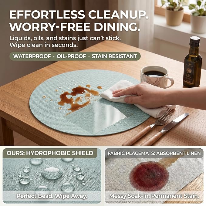 Faux Leather Placemats Set of 4, Wipeable Waterproof Stain Resistant Table Mats, Heat Resistant Thick Placemats with Hand-Painted Edges for Kitchen Dining, Imitative Linen Texture, Various Shapes
