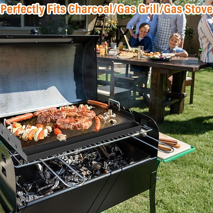 Upgrated 25" x16 " Nonstick Universal Cast Iron Griddle, Muti-Purpose Cooking Griddle for Gas Grill with Grease Groove, Pre-Seasoned Flat Top Plate Insert for Camping, Tailgating, Parties