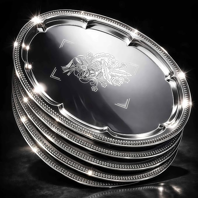 6-Pack Large Silver Serving Trays (16" x 12") – Oval Floral Engraved Serving Platters for Parties, Weddings, Birthdays, Festive Occasions – Mirror Trays for Appetizers, Charcuterie, Cookies, Desserts