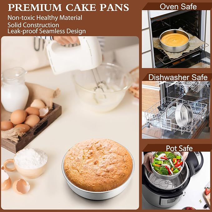 P&P CHEF 6 Inch Round Cake Pan Set of 3, Stainless Steel Baking Cake Pans | Round Baking Cake Pan Bakeware for Layer Birthday Cake, Fit Oven/Pots/Pressure Cooker, Leakproof & Dishwasher Safe, Silver