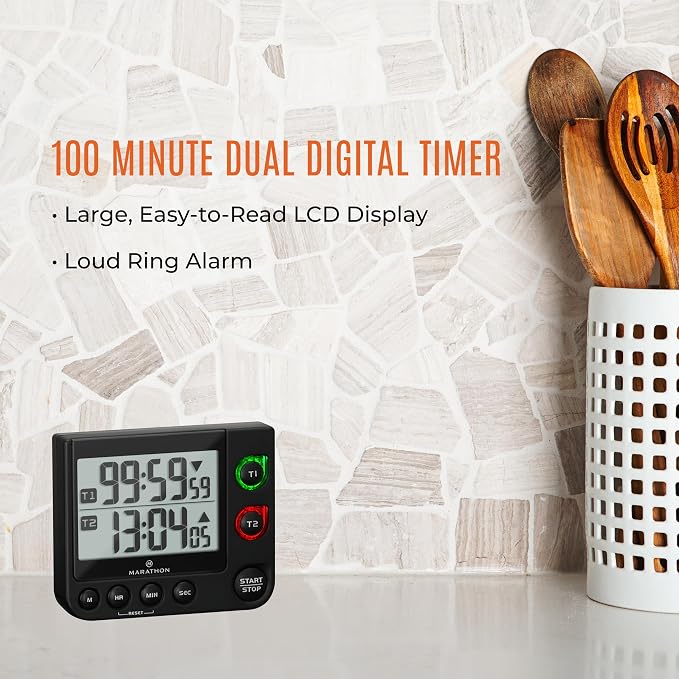 MARATHON Dual Digital Timer, 100-Hour Count Up/Down, Large Display, Black | Adjustable Alarm Volume, Flashing Visual Alert, Magnetic Back and Tabletop Stand
