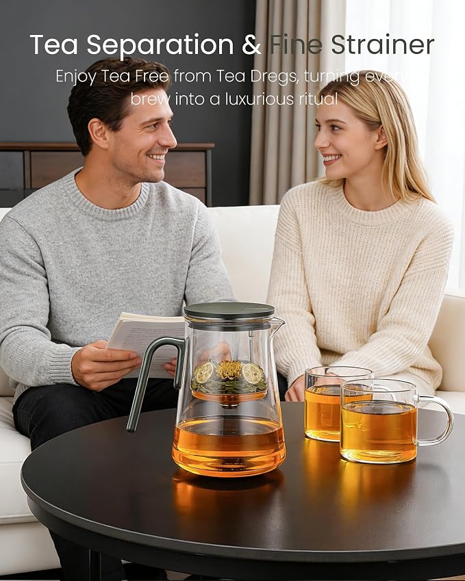 ZENS Magnetic Glass Infuser Teapot with 2 Cups for Loose Tea Steeper, 34oz | Magic Glass Teapot with Infusers for Loose Tea Steeper, Echanted Tea Pot for Herbal Tea Lovers, Dark Green
