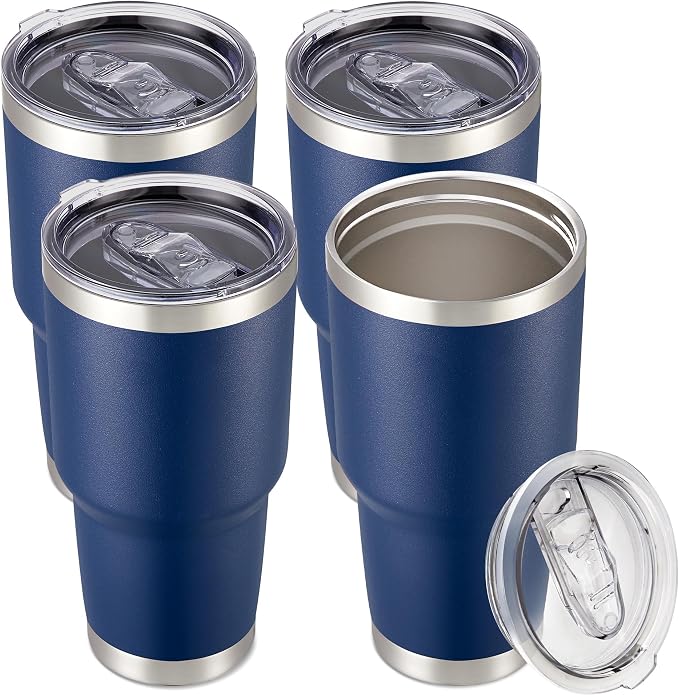 30 oz Tumbler with Lid Stainless Steel Tumblers Bulk, 4 Pack | Vacuum Insulated Cup, Leak Proof Lid, Powder Coated Travel Mug, Double Wall, Keep Cold Drinks for 12 Hours, Navy