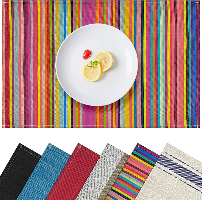 Rainbow Placemats Set of 4, 12x18 Inch Faux Linen Table Mats | Heat Resistant and Washable Design, Easy to Clean Surface for Dining Rooms, Kitchens, Outdoor Parties and Everyday Home Decor