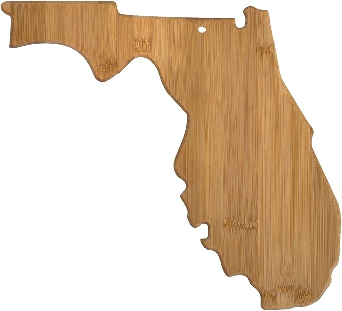 Totally Bamboo Florida State Shaped Serving & Cutting Board | State charcuterie board with natural bamboo grain. Knife-friendly surface for food prep. Hang tie for wall display.