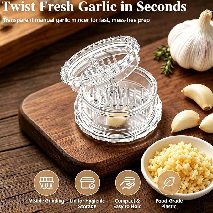 Clear Manual Garlic Twister Mincer, Crusher & Grinder for Ginger, Herbs | Clear Body Shows Mincing Texture, No-Blade Twist Design, Safe & Compact, Easy to Clean and Store