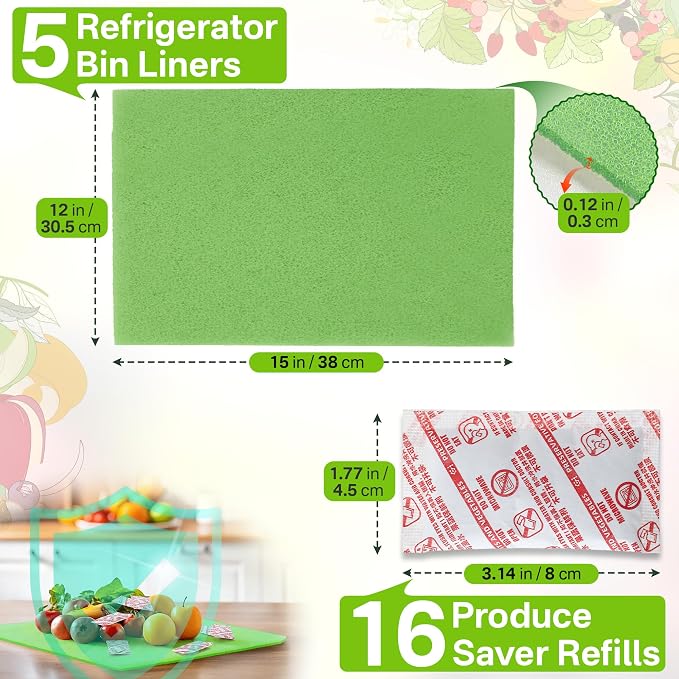 16 Pack Produce Saver Refill Kit with 5 Refrigerator Bin Liners | Ethylene Gas Absorber Refills for Fruits Keeper & Crisper Inserts, Fridge Liners, Keep Produce Vegetable Fresh