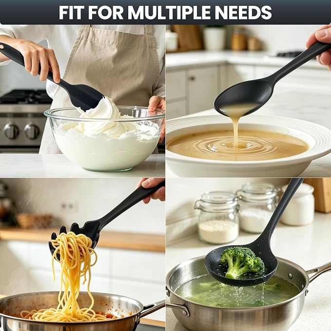 8 PCS Silicone Kitchen Utensils Set, Non Stick Cooking Tools, Black | Spatulas/Turner/Spoons/Soup Ladle/Pasta Server/Skimmer | Heat Resistant | Dishwasher Safe