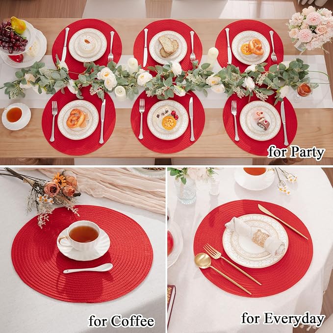 SHACOS 15 inch Round Placemats Set of 6 Braided Non Slip Washable Place Mats for Dining Tables Kitchen Table Mats Home Wedding Party Decor (Red, 6)