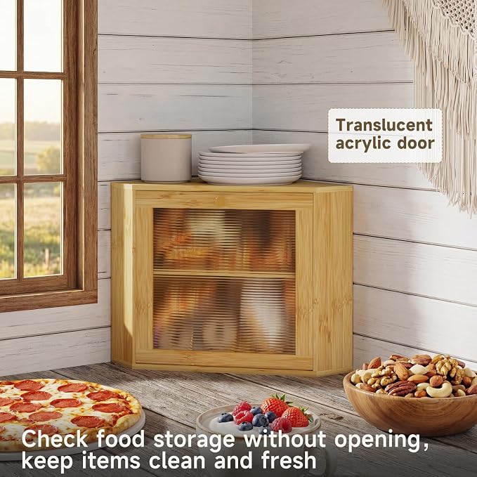 Bread Box for Kitchen Corner Countertop,Large Bread Basket (Natural,Large) | Double Layer Bamboo Bread Storage Container for Kitchen Countertop,Height Adjustable