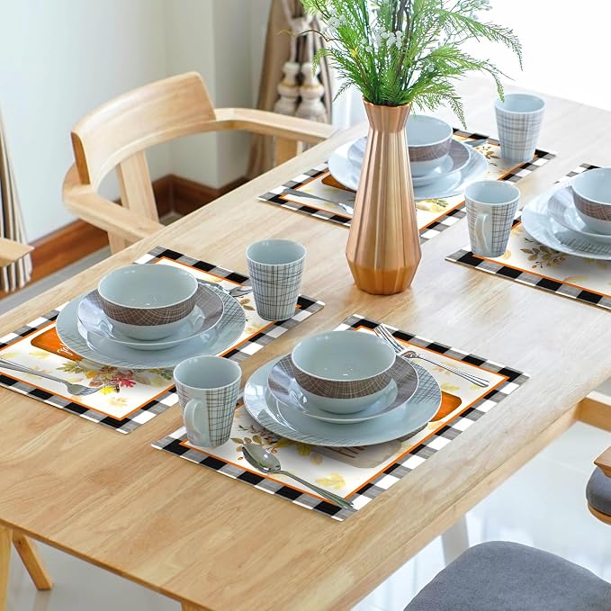 Fall Sunflower and Pumpkin Placemats Set of 4 18x12 Inch Autumn Flower Leaf Linen Place Mats Heat-Resistant Washable Wipeable Buffalo Check Plaid Table Mat for Party Kitchen Dining Room Dinner Decor