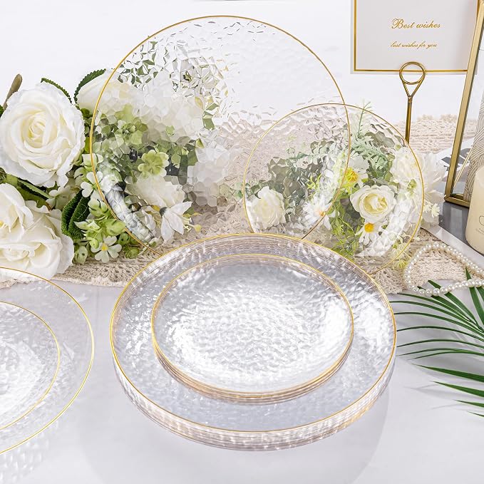 Rubtlamp 175 Pcs Plastic Dinnerware Set (25 Guests), Clear And Gold Plastic Plates, Hammered Party Plates Include Dinner Platos, Dessert Platos, Cups, Gold Cutlery Set And Napkins for Party