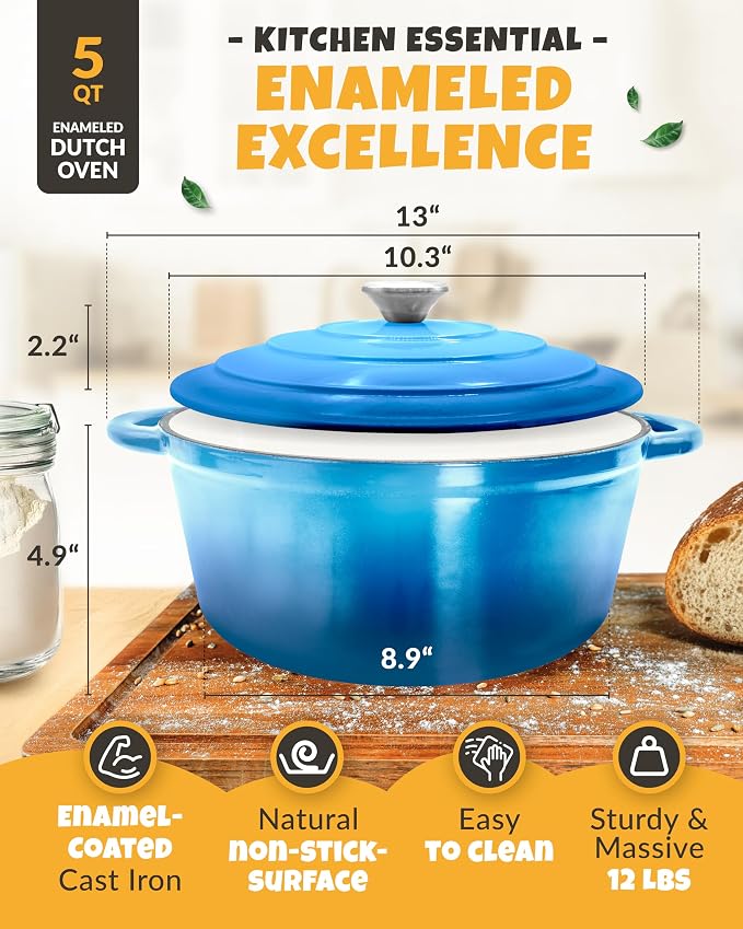 5 QT Enameled Dutch Oven for Bread Baking with Lid & Baking Set | Sourdough Dutch Oven for Bread Baking, Cast Iron Bread Oven with Lid, Banneton, Bread Sling, Lame, Dough Whisk & Clear Guide