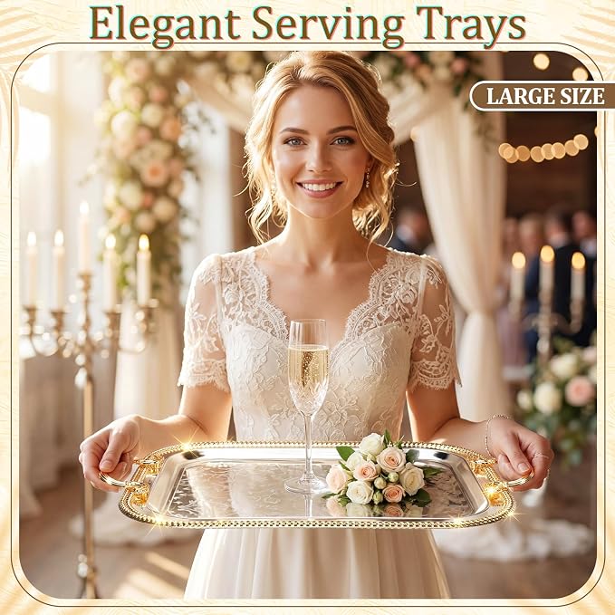 3 Pack Metal Serving Trays with Handles, Decorative Floral Platter Trays for Coffee Tea, Food, Dessert, Jewelry, for Buffet Wedding Party Kitchen Home Decor(Floral,Silver, Gold)
