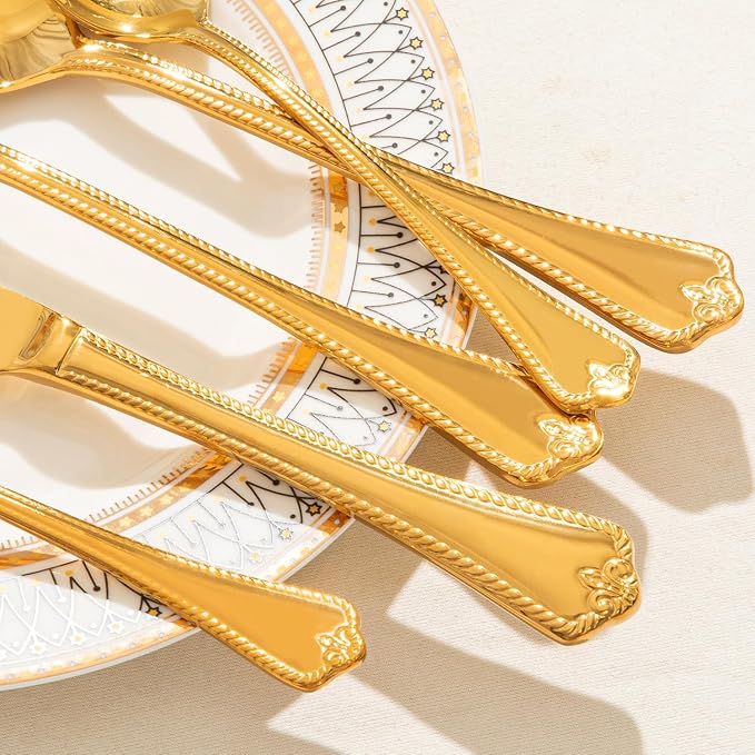 40 Pcs Gold Silverware Set, 18/10 Stainless Steel Flatware for 8 | Vintage Cutlery Set for Kitchen, Home, Wedding, Party, Mirror Polished and Dishwasher Safe, Featured Gifts